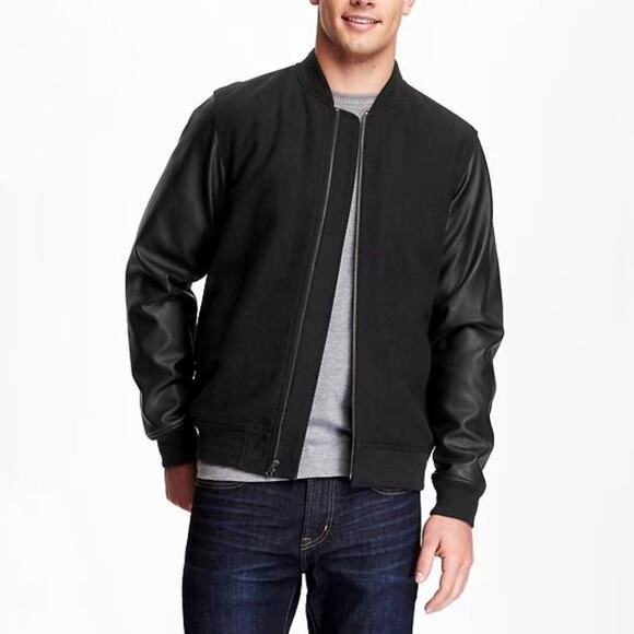 Old Navy Men's Black Wool Blend Zip Front Letterman Varsity Jacket Size Large - Picture 1 of 6